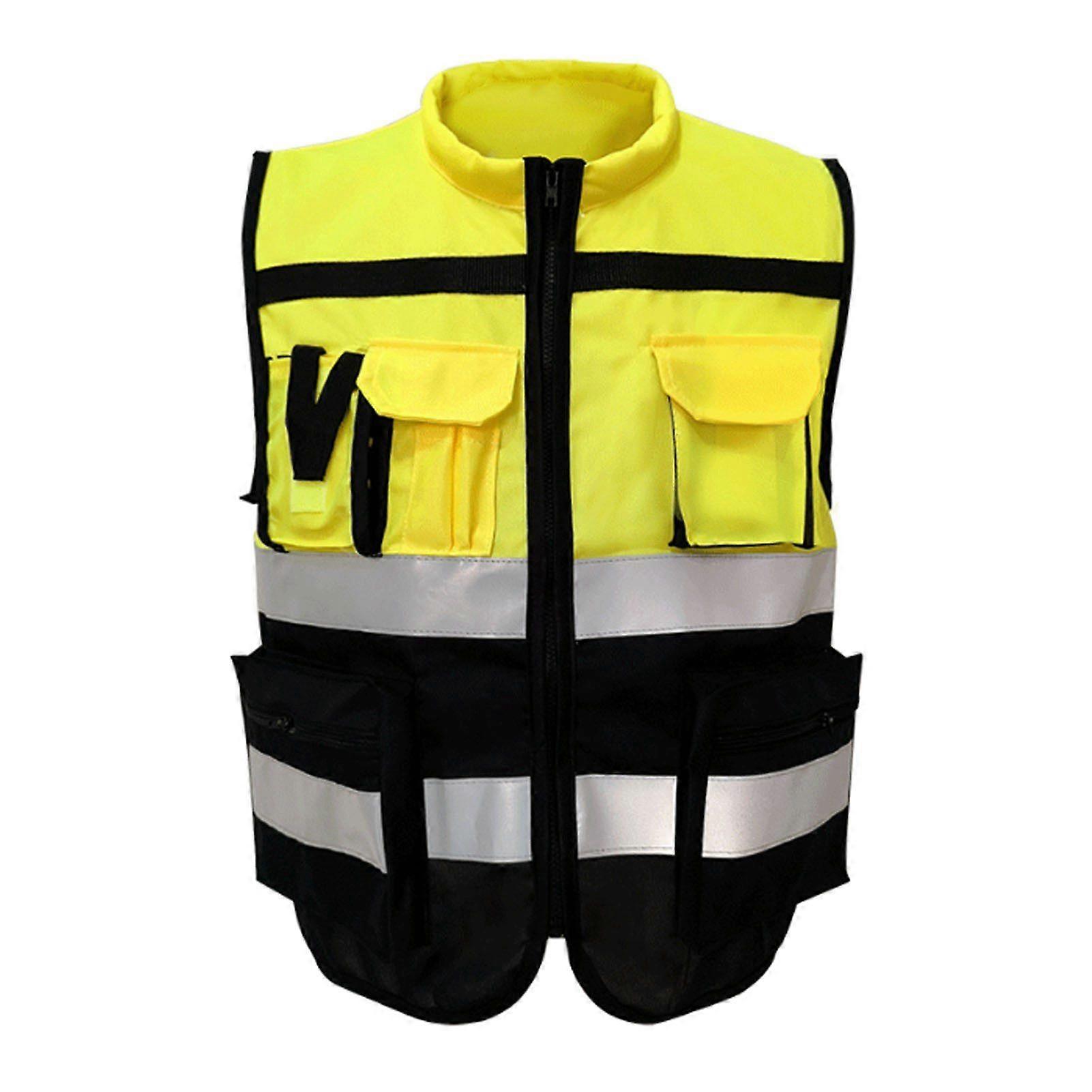 Reflective Safety Vest High Visibility Zipper Front Soft Collar Security Vest with Pockets for Working Yellow Black XL 175