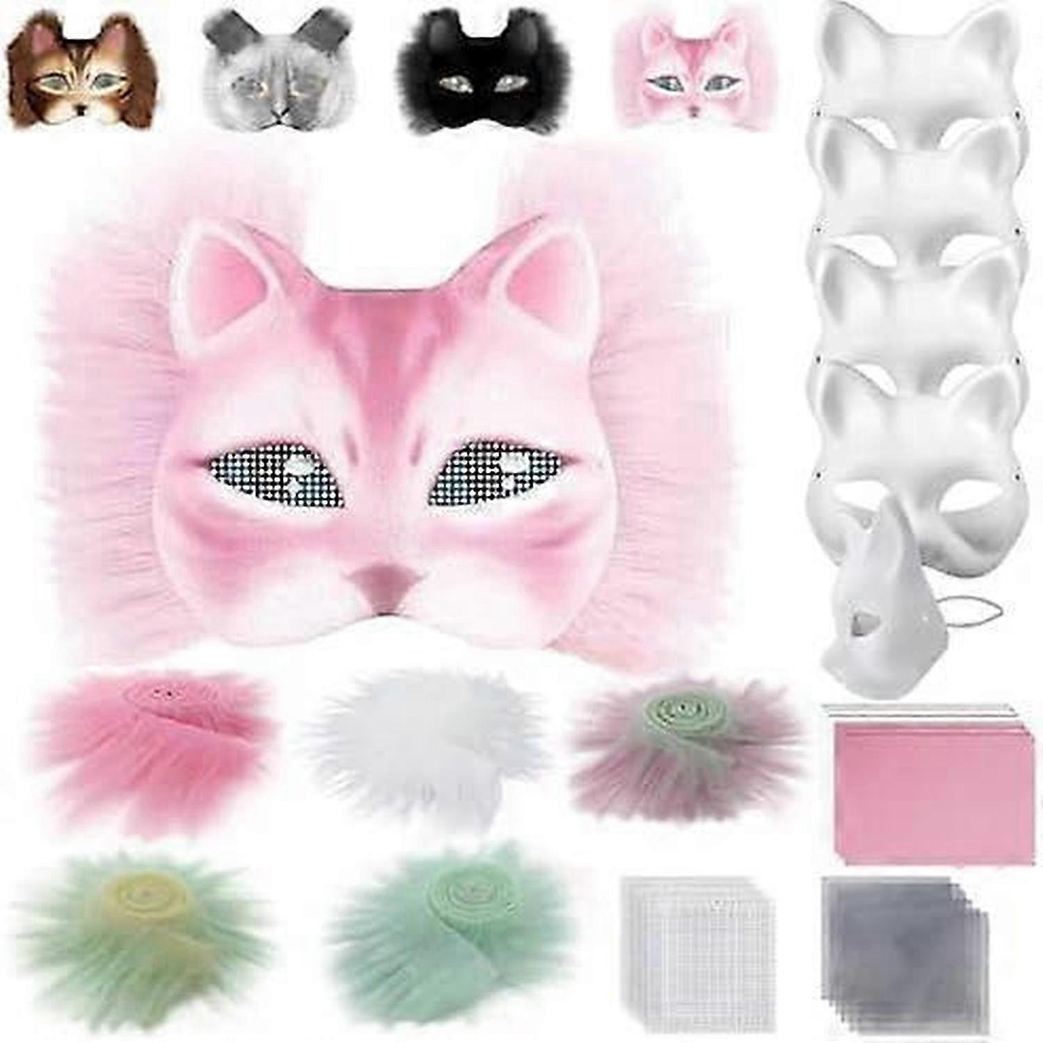 Cat Mask with Fur and Net Eye, DIY Blank Paper Masks, White Painting Paper Masks, Cat Mask for DIY Halloween Mardi Gras Party