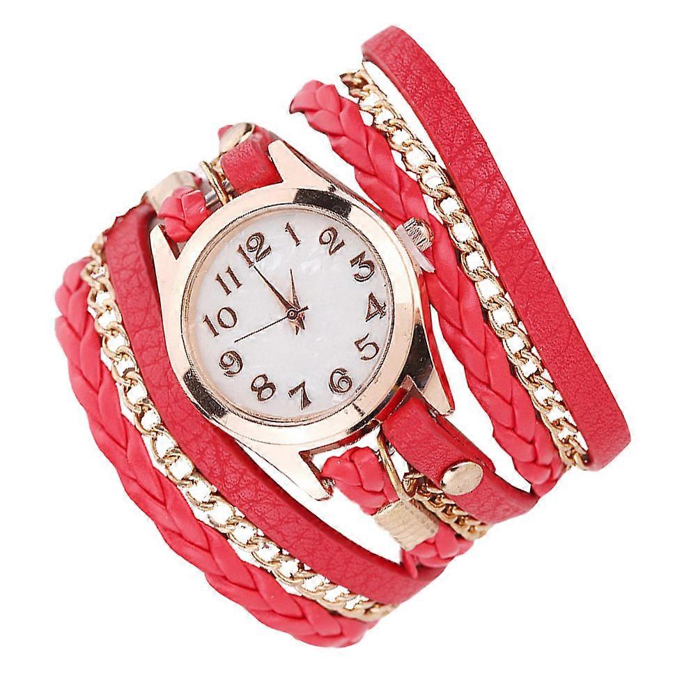 Wrist Watch Ladies PU Strap with 3Pcs Red Bracelets