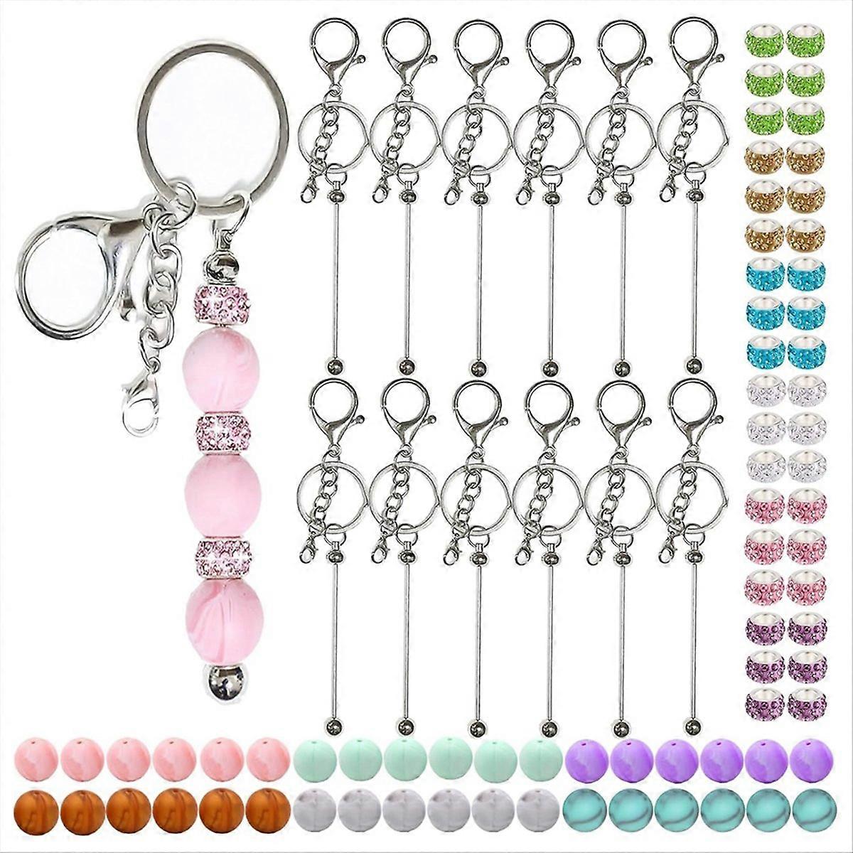 84Pcs Beadable Keychains Set,Keychains Bulk for Keychain Making Accessories with Silicone Beads Spacer Beads