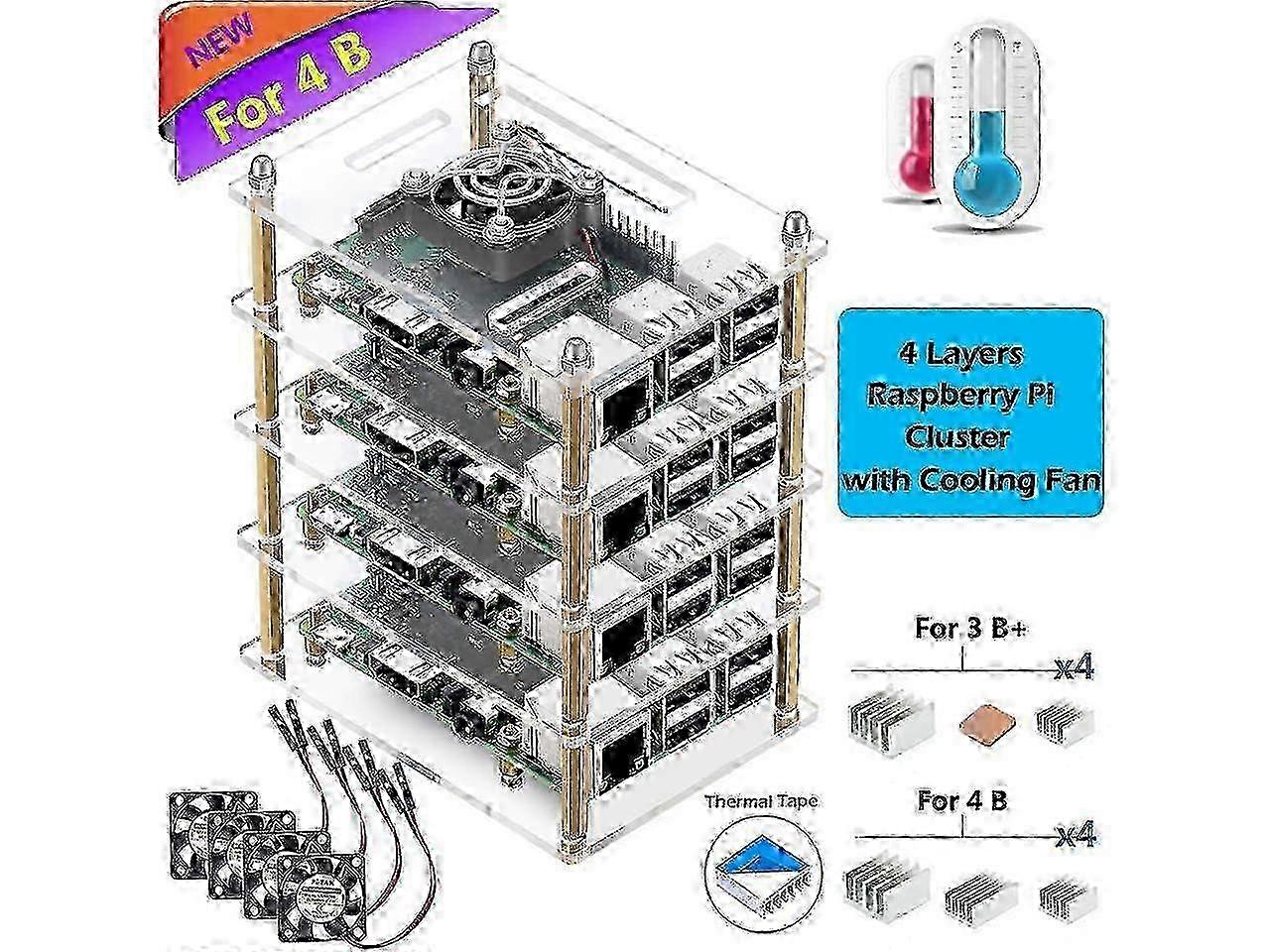 Raspberry Pi 4 B Cluster Case Raspberry Pi 4 Case with Cooling Fan and Raspberry Pi 4 Heatsink for Raspberry Pi 4 Model B 3 B+ Pi 3 B Pi 2 B Pi B