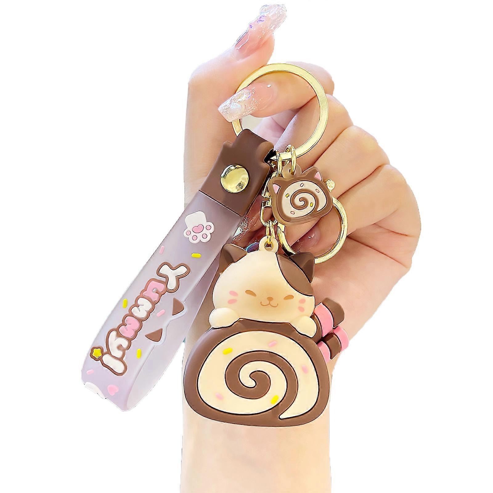 Anime Key Chain Fun Key Accessory Fun Cake Roll Bag Pendant Keychain Ornament Eye Catching Cat Keyrings for Handbag Bag  Coffee