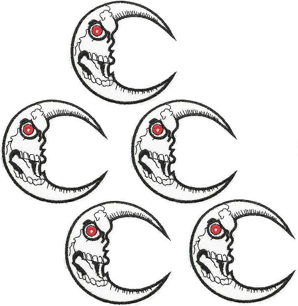5Pcs 3 Inch Moon Shape Gothic Embroidery Patches Face Pattern Iron on Emblem Patches White Appliques Sew on Patch for Sewing Making Crafts Clothes Bac