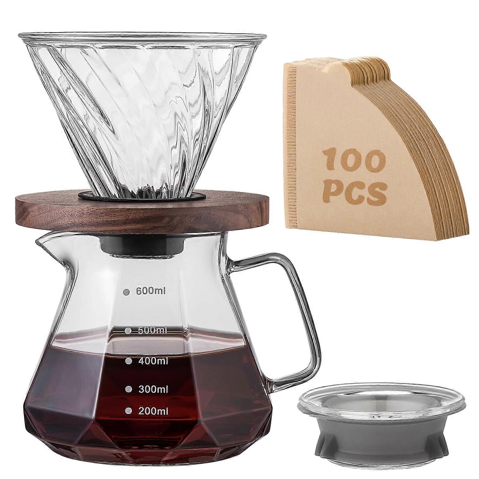 Pour Over Coffee Maker Set Glass Dripper with Walnut Handle 20oz Borosilicate with 100 Filters