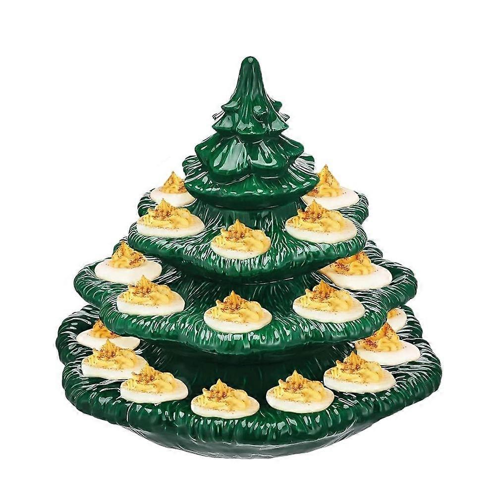 Deviled Egg Christmas Tree, Ceramic Christmas Tree Deviled Egg Platter, Reusable Holiday Deviled Oval Tray with Lid