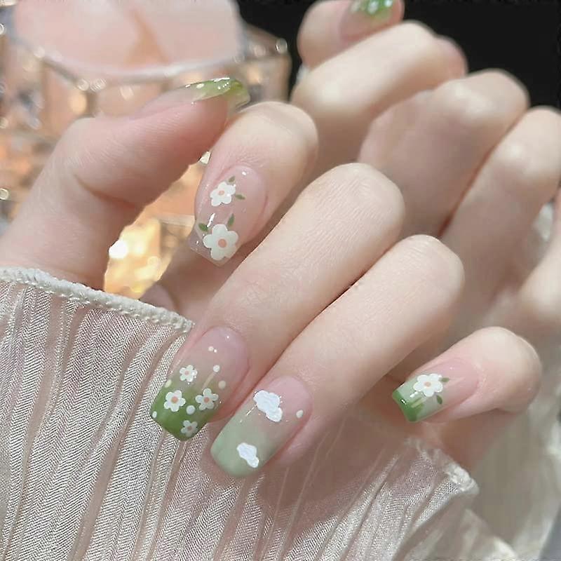 Press On Nails Medium Square Green Flower Gradient Fake Nails with SalonQuality Reusable Tips