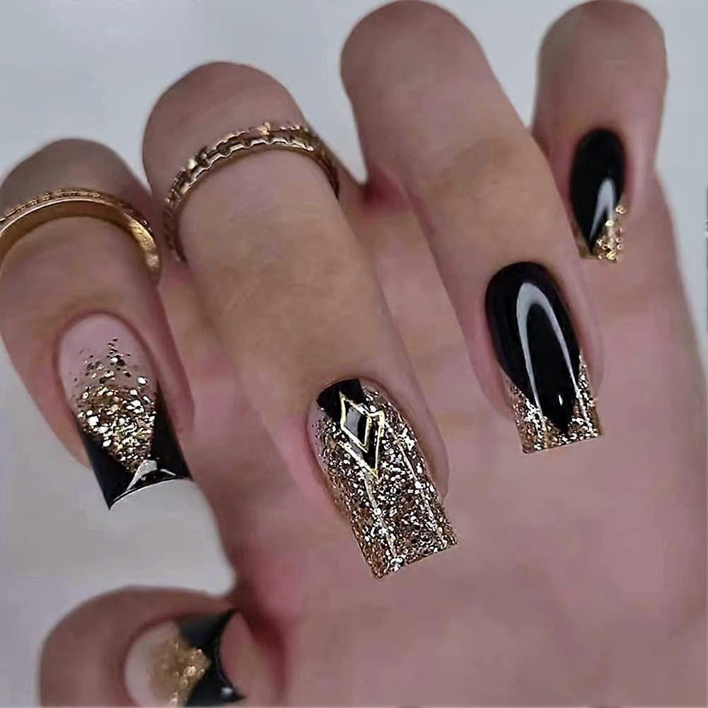 Black Press On Nails with Gold Glitter, Medium Square Glossy Acrylic False Nails Set, 24pcs