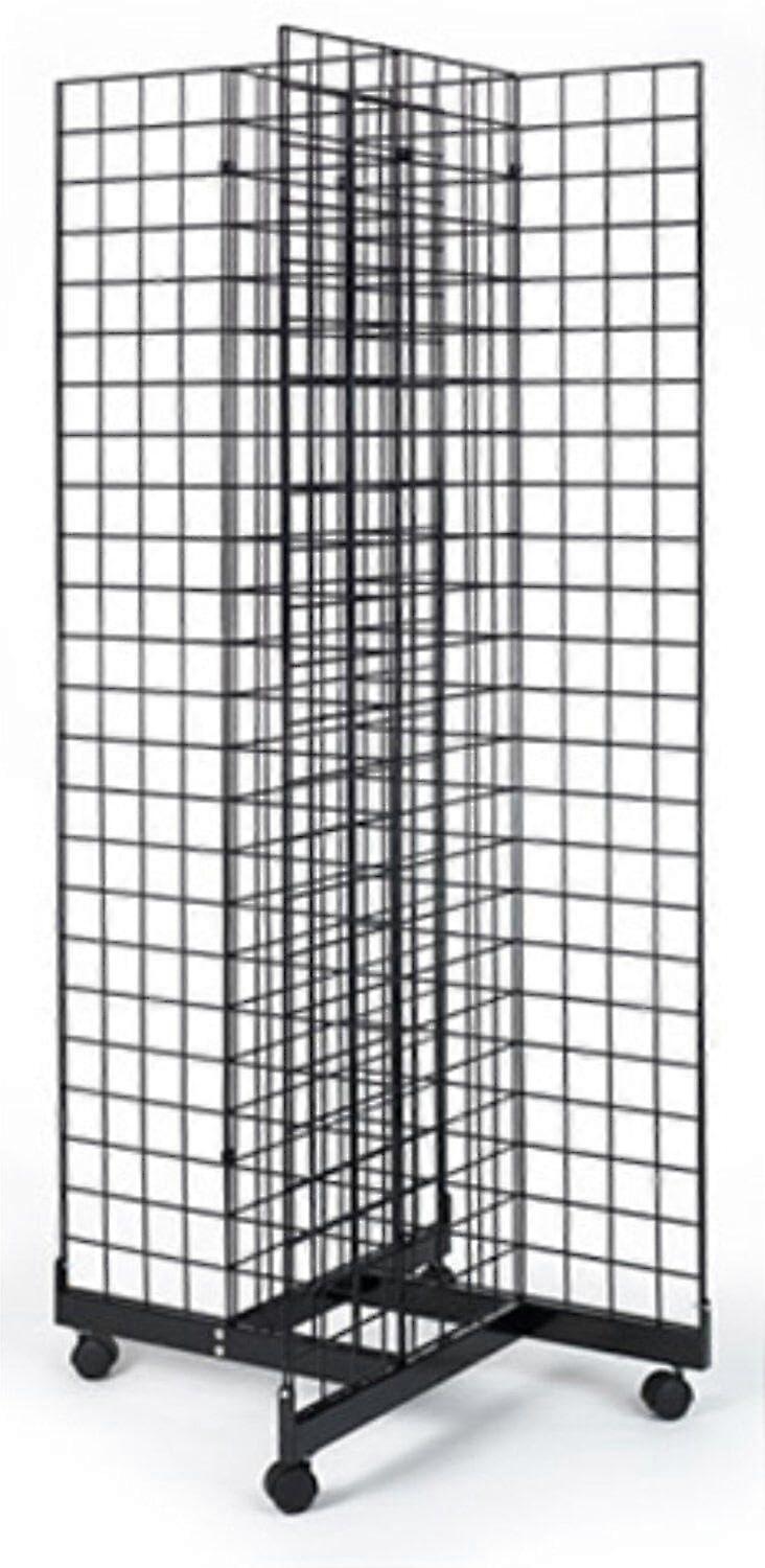 4Sided Grid Panel Display Stand for 2x5 ft Panels, 360° Visibility, Rolling Base, SpaceSaving Design