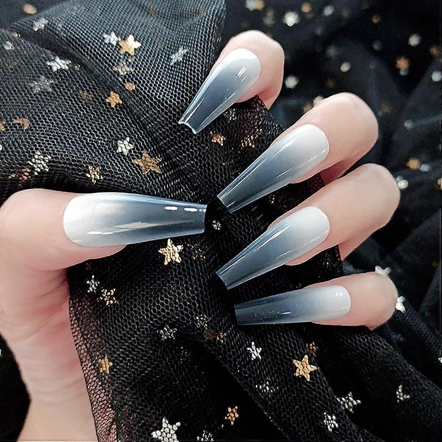 Long fake nails - gray gradient (glossy)make up