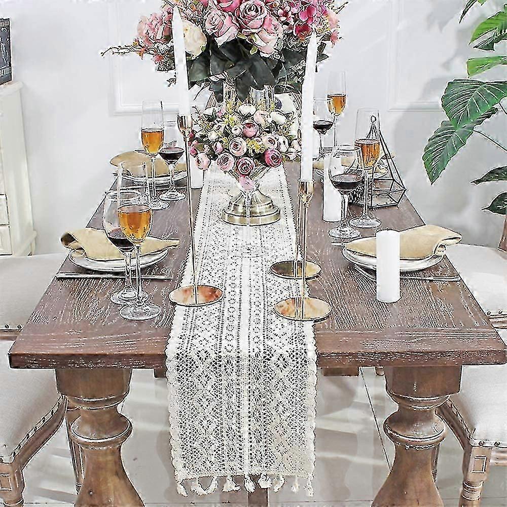 Beige Macrame Table Runner Rectangular Crochet Lace Elegant Hollow Mesh Tablecloth 26-27