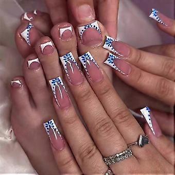 Ensemble de 48 faux ongles à pression French Manucure pour ongles de pieds et de pieds, style bohème, bleu et blanc, carré, en acrylique réutilisable