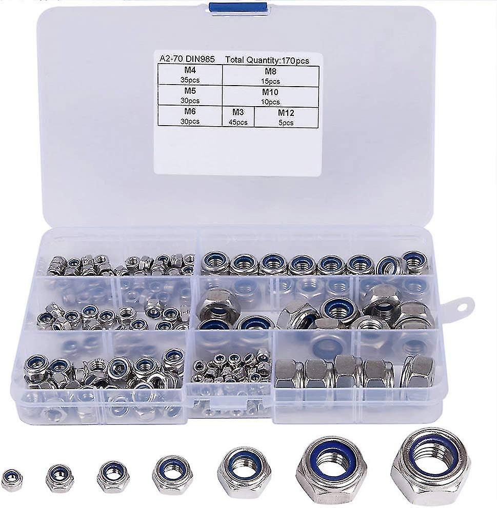 Hex Nut, Nylon Lock Nut Assortment Kit, Stainless Steel Hex Lock Nuts, 304 And Nylon Dimensions: M3, M4, M5, M6, M8, M10, M12