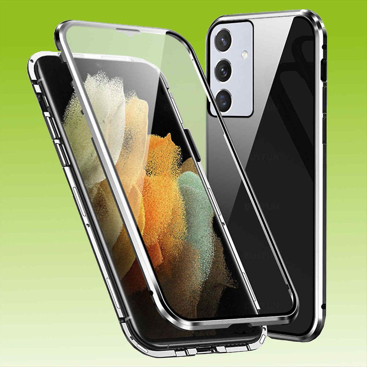 For Samsung Galaxy A14 5G/4G Double-sided 360 Degree Magnetic Glass Case Mobile Phone Case Bumper Silver