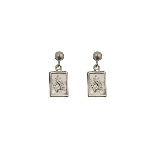 Silver 8x6mm rectangular St Christopher Dropper Earrings