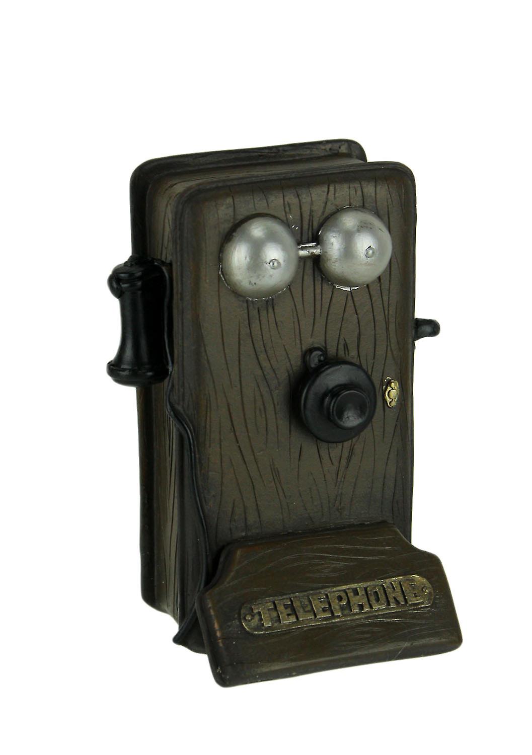 Vintage Telephone Coin Bank - Cast Resin with Wood-Look Texture, Silver-Colored and Black Details, 4.75 Inches High. A Rustic and Fun Way to Collect Spare Change.