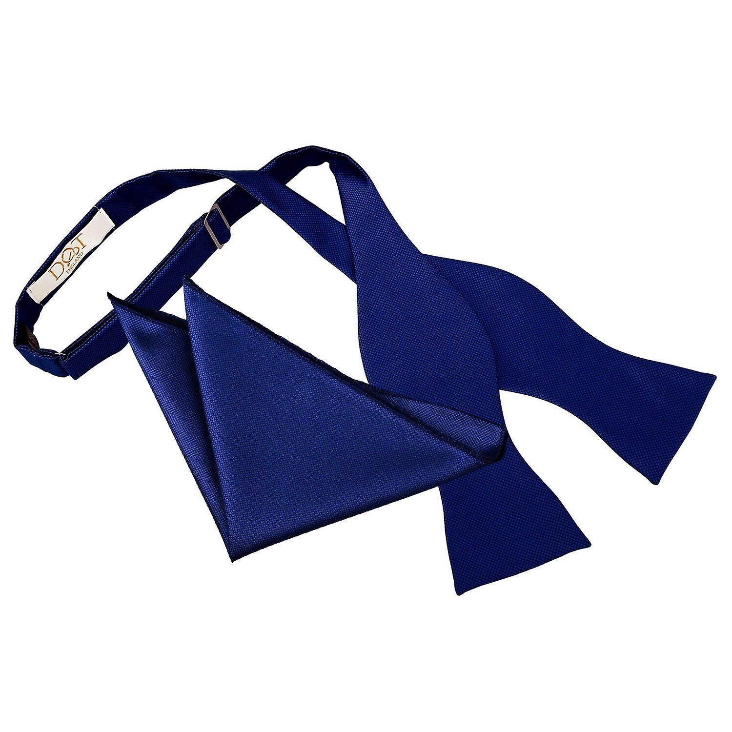 Royal Blue Solid Check Self-Tie Bow Tie and Pocket Square Set