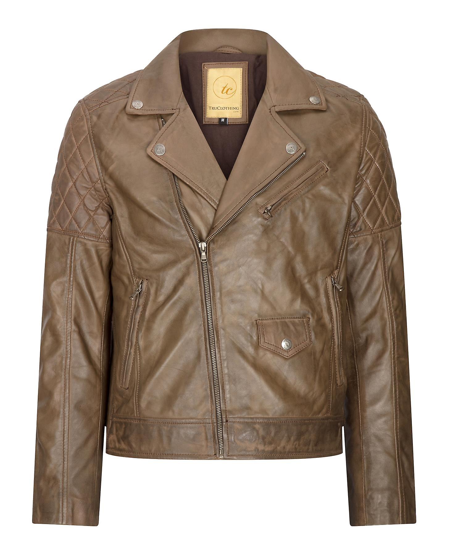 ジャケット・アウター VINTAGE WASHED LEATHER ZIP Men's Vintage Washed Real Leather Biker Jacket Cross Zip Retro