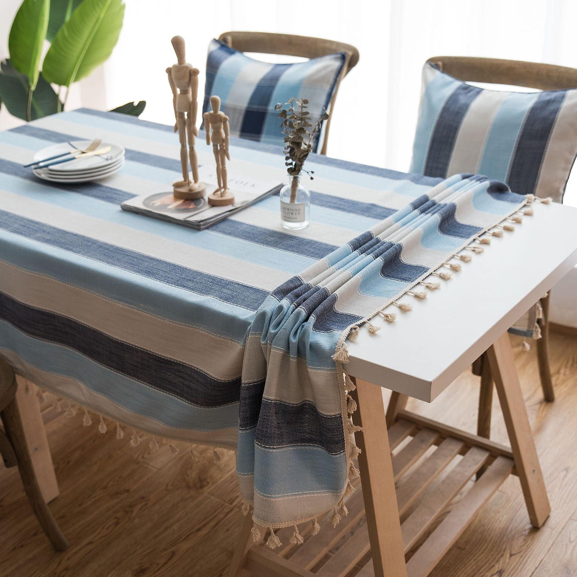 Nappe à pompon rayé Nappe rectangulaire en tissu bleu