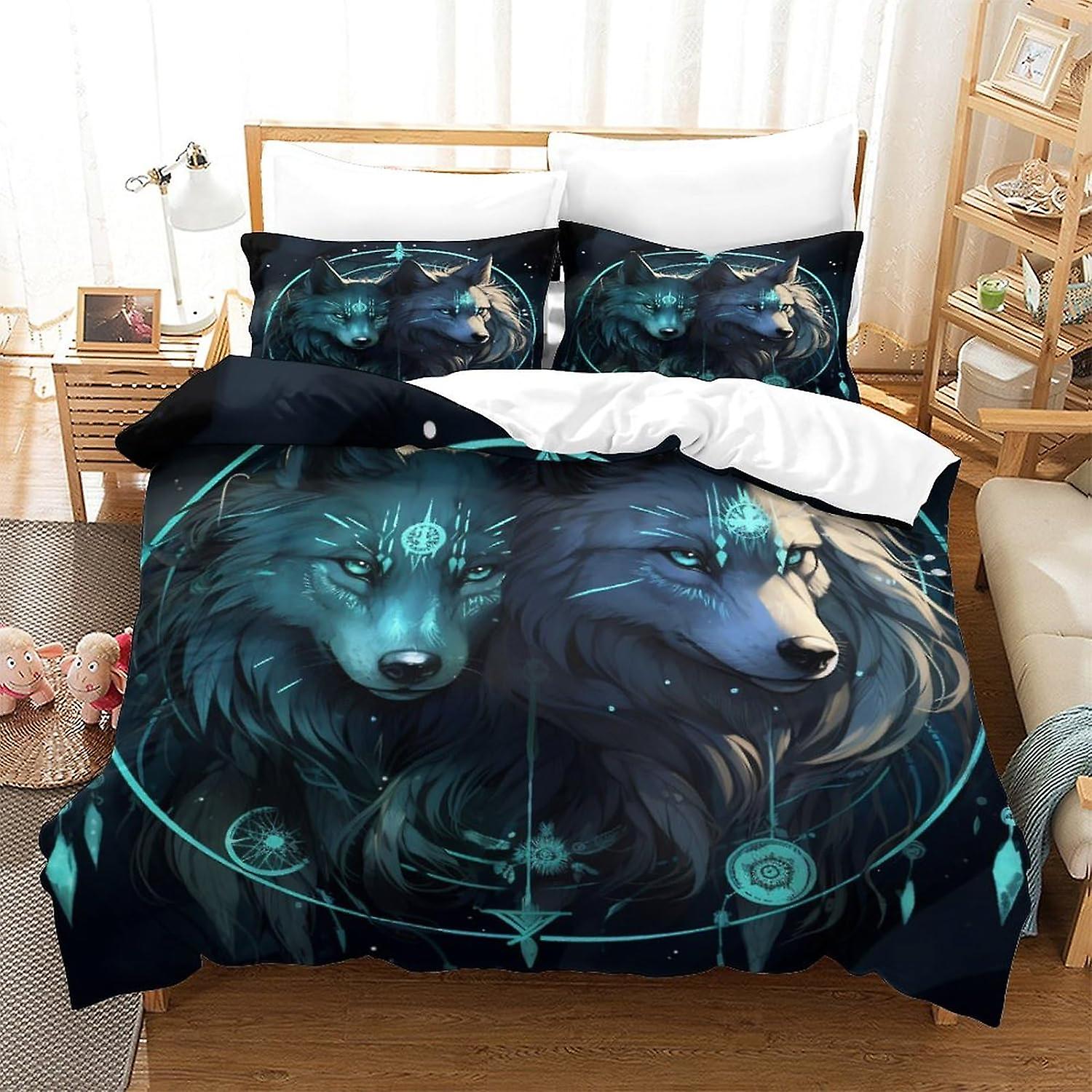 Cool Wolf beddengoed set 3D Wolf dekbedovertrek set, zachte 100% microvezel beddenset 3 stuks, print enkele dubbele king size microvezel dekbedovertrek set met kussen