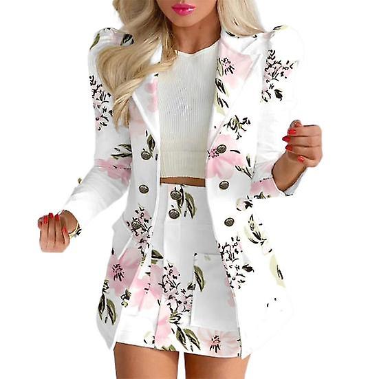 2 Pcs/Set Coat Skirt Set Flower Check Print Color Matching Long Sleeve High Waist OL Style Formal Commute Suit Lady Jacket Skirt Set