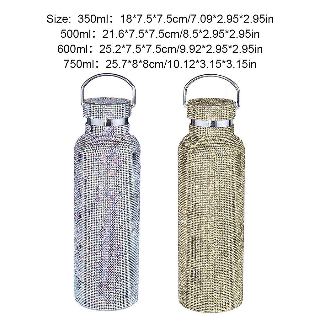 Garrafa térmica com glitter, strass e alça.
