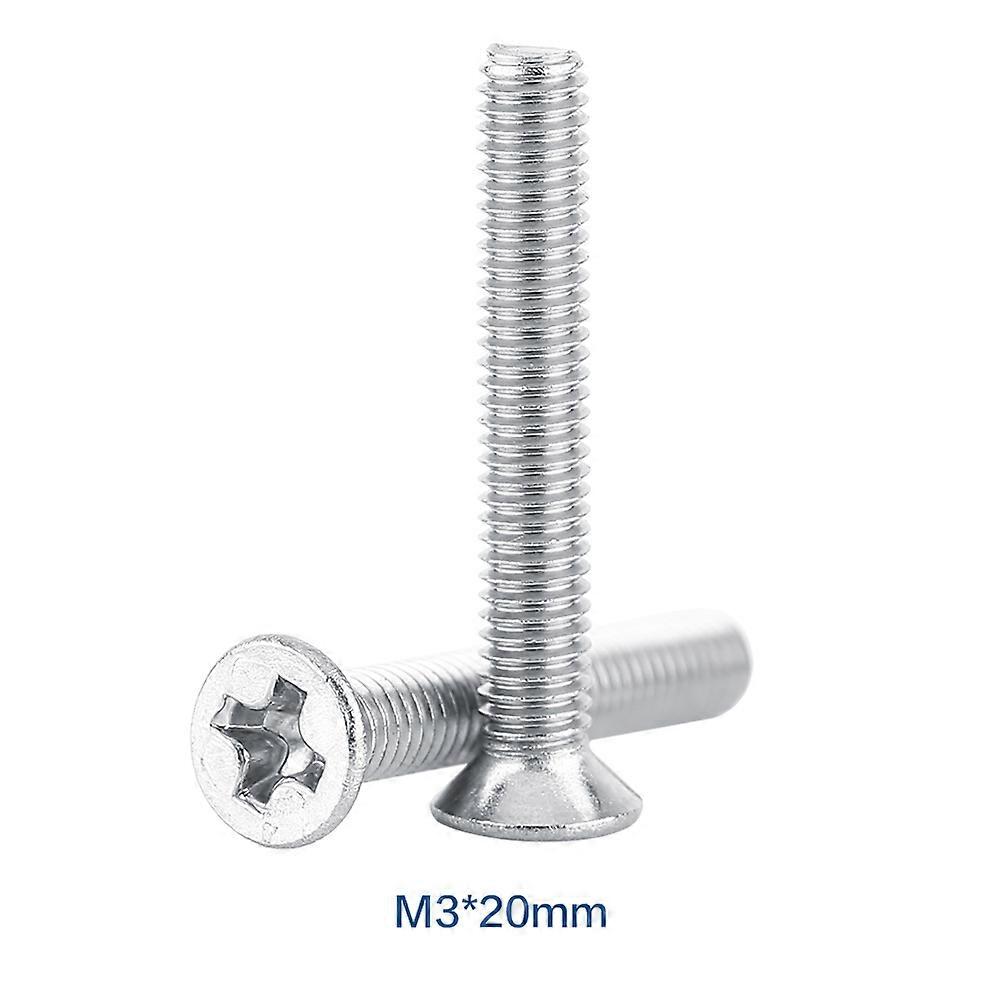 100pcs Bag Flat Head Stainless Steel Ss304 Machine Countersunk Thread Screw Bolt Fastener M3*20