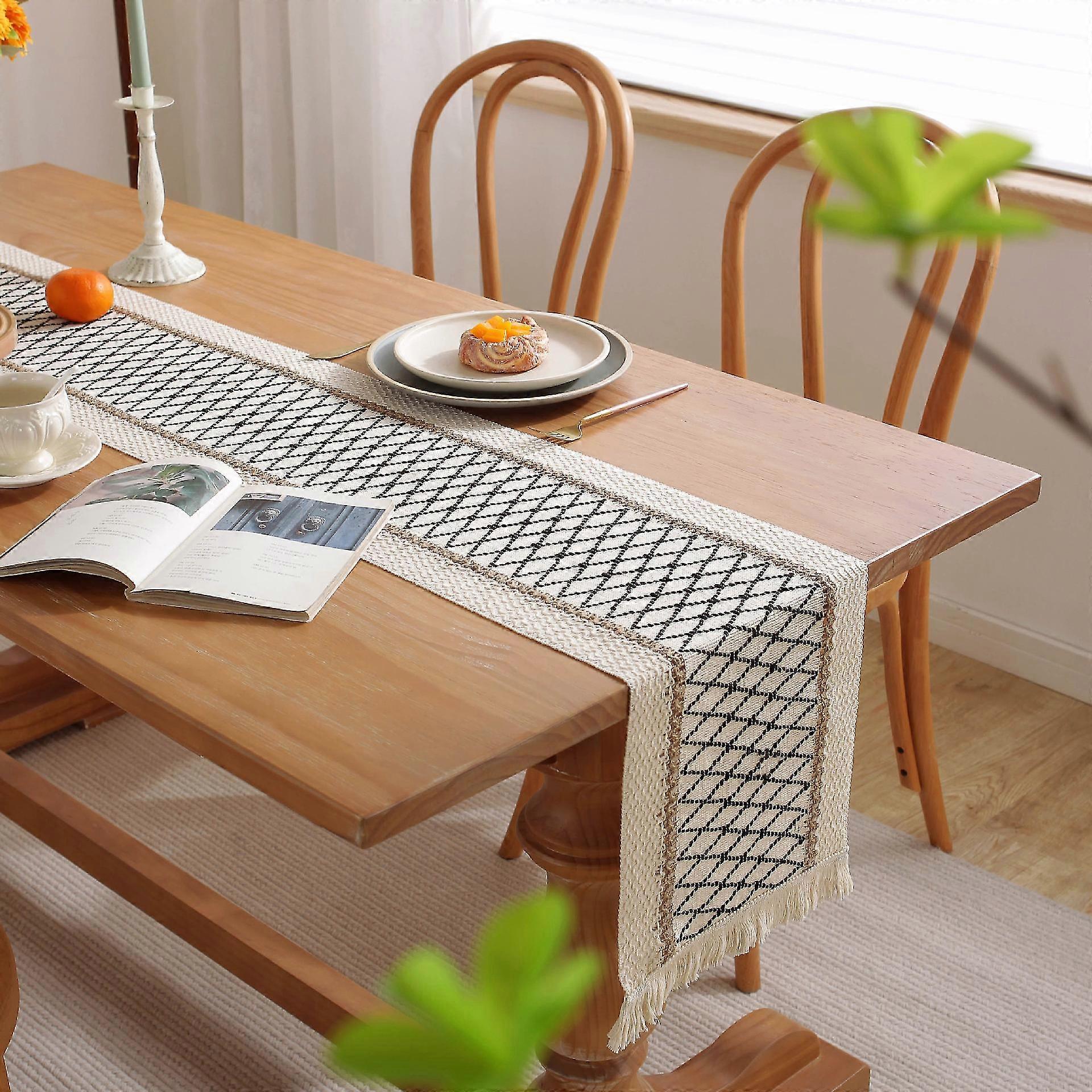 Cotton Linen Table Runner With Black Diamond Lines