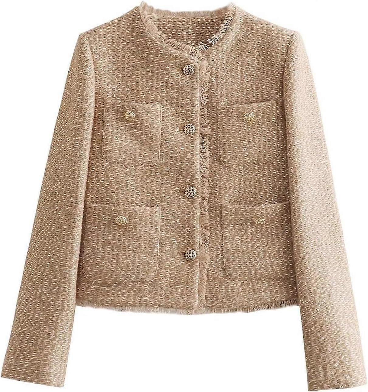 Women's Tweed Jacket O-Neck Loose Long Sleeved Metal Button Pocket Decoration Coarse Spun Jacket