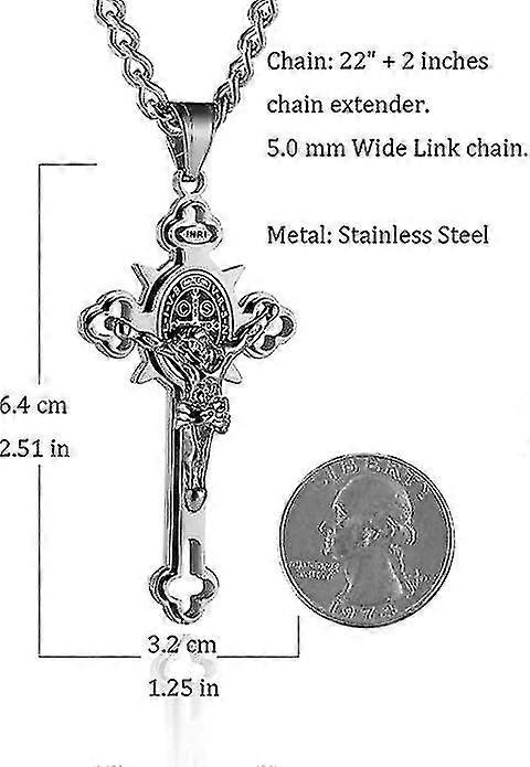Mens 7mm Stainless Steel Cuban Chain With Bible Verse Big Cross Pendant - 24 Inch