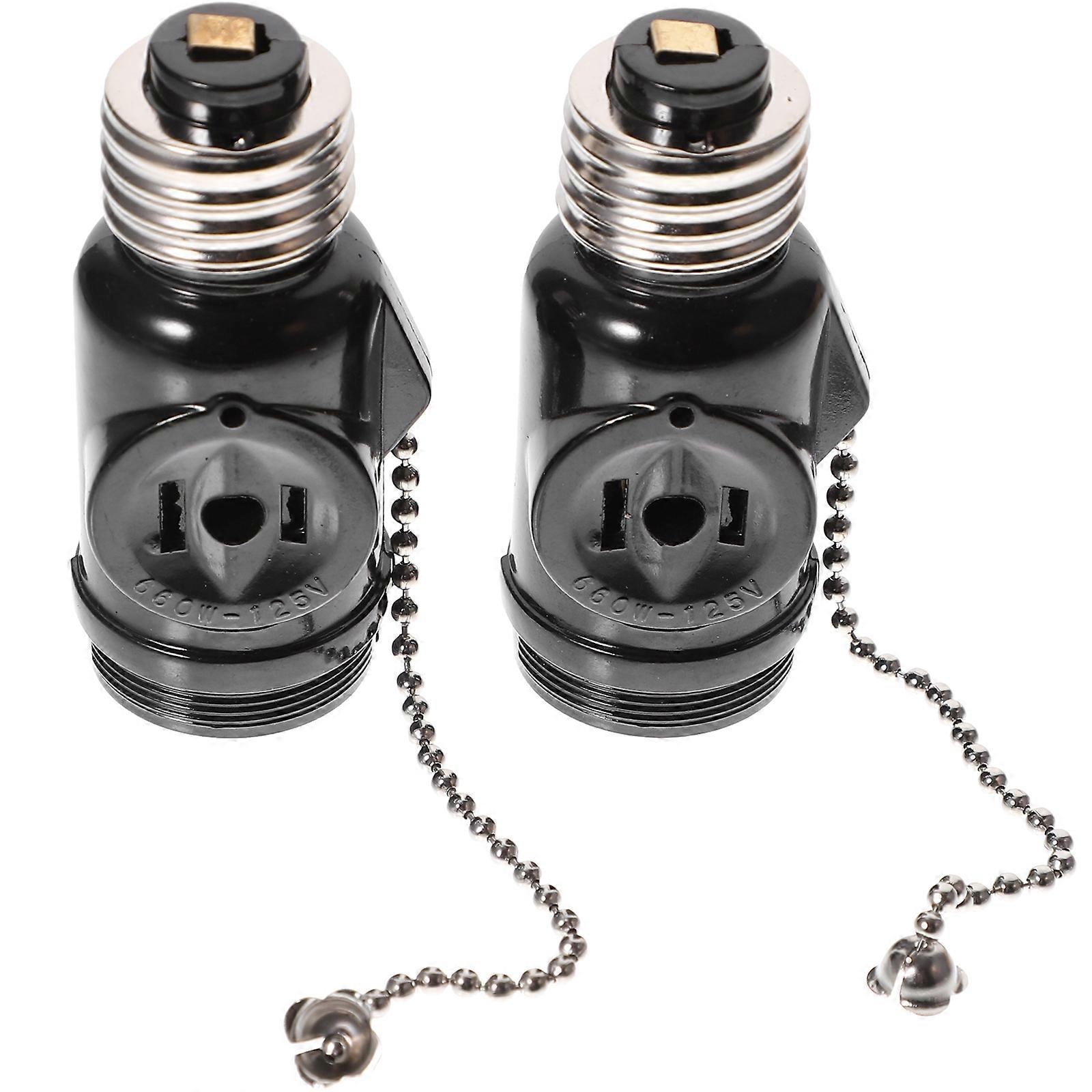 2pcs E26 Lamp Bases Adapter Bakelite Bulb Light Holder Two Outlet Screw Socket with Pull Chain (Black)