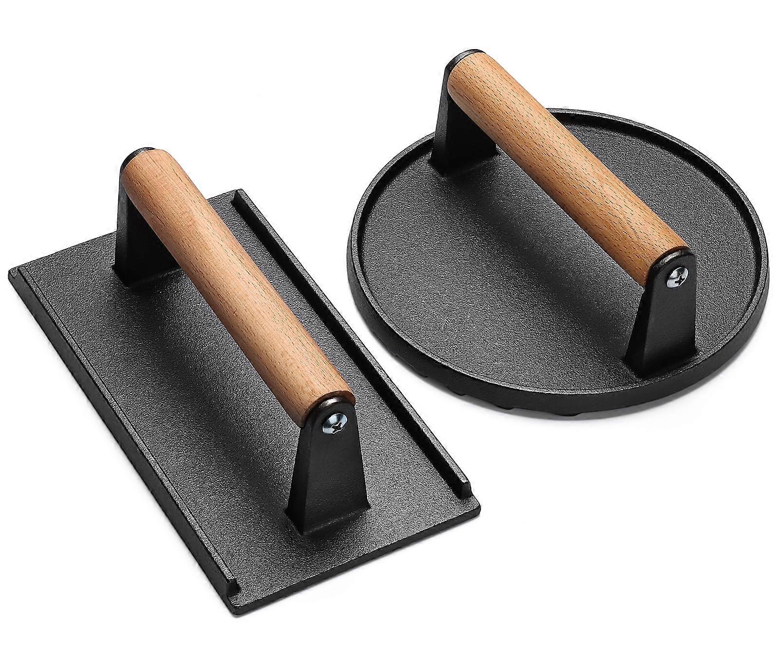 Burger Press, Round&Rectangle Heavy-Duty Cast Iron Smash Bacon Press Meat Steak with Wood Handle for Griddle, Sandwich, Nonstick Pan -GSL