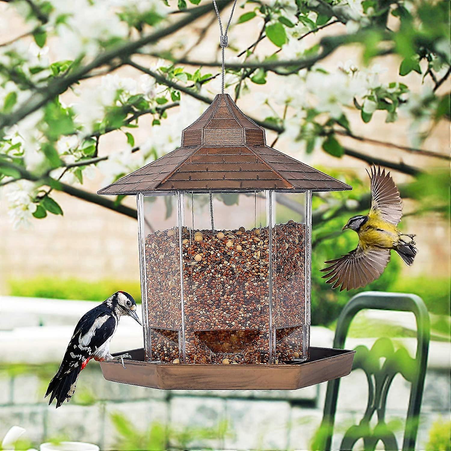 Panorama Bird Feeder, Hexagon Shaped With Roof Hanging Bird Feeder For Garden Yard Decoration