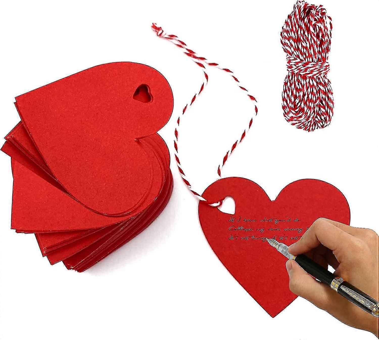 100 Pieces Heart Red Kraft Paper Tags Heart Shaped - Hearts Gift Tags - With 10 Metres Of Red And White Hemp Rope (red)-yvan