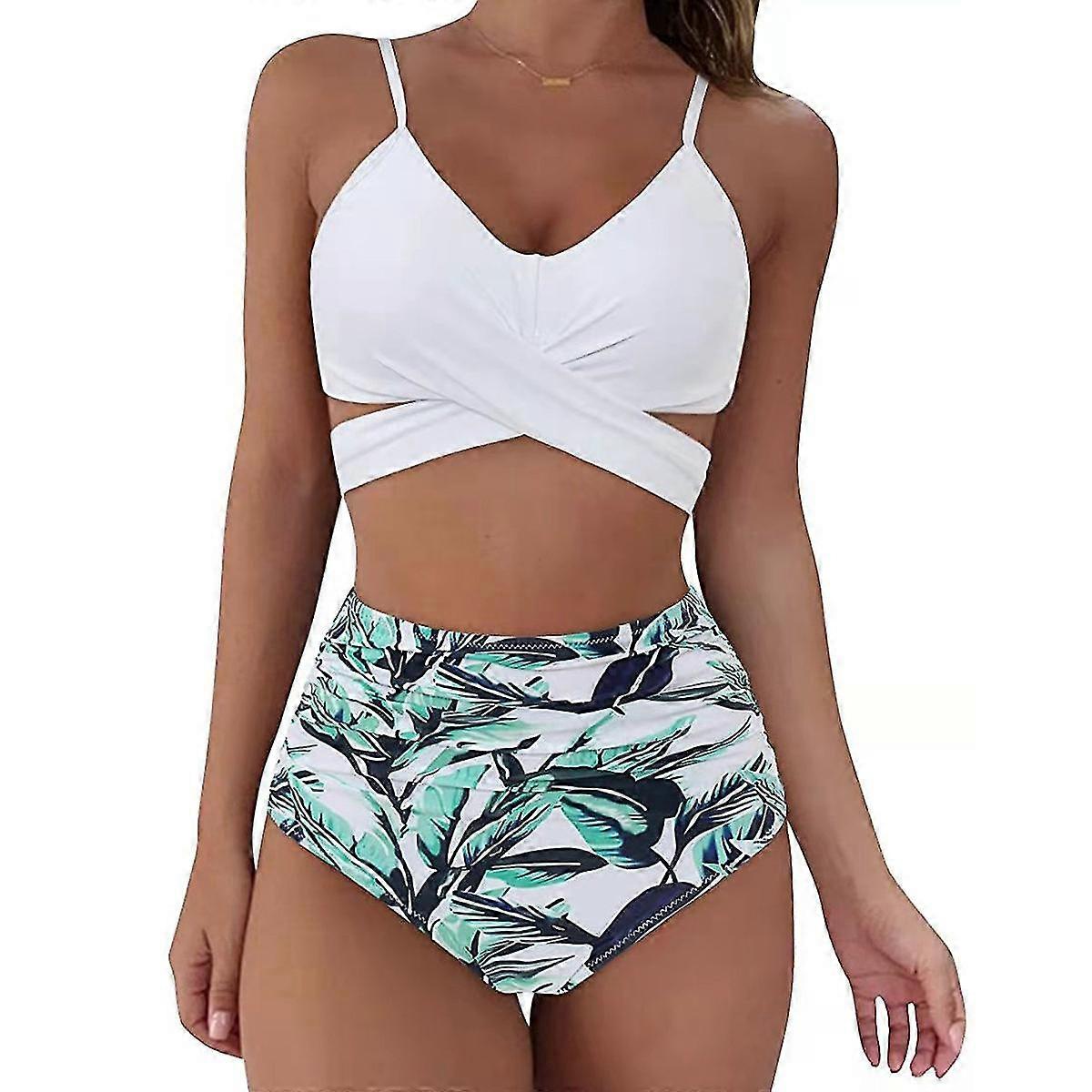 Damen Wickel Bikini Set Push Up Hoch Taille Zweiteiliger Badeanzug Split Schlangenhaut Print Badeanzug zum Schwimmen Wassersport (Weiß) XL