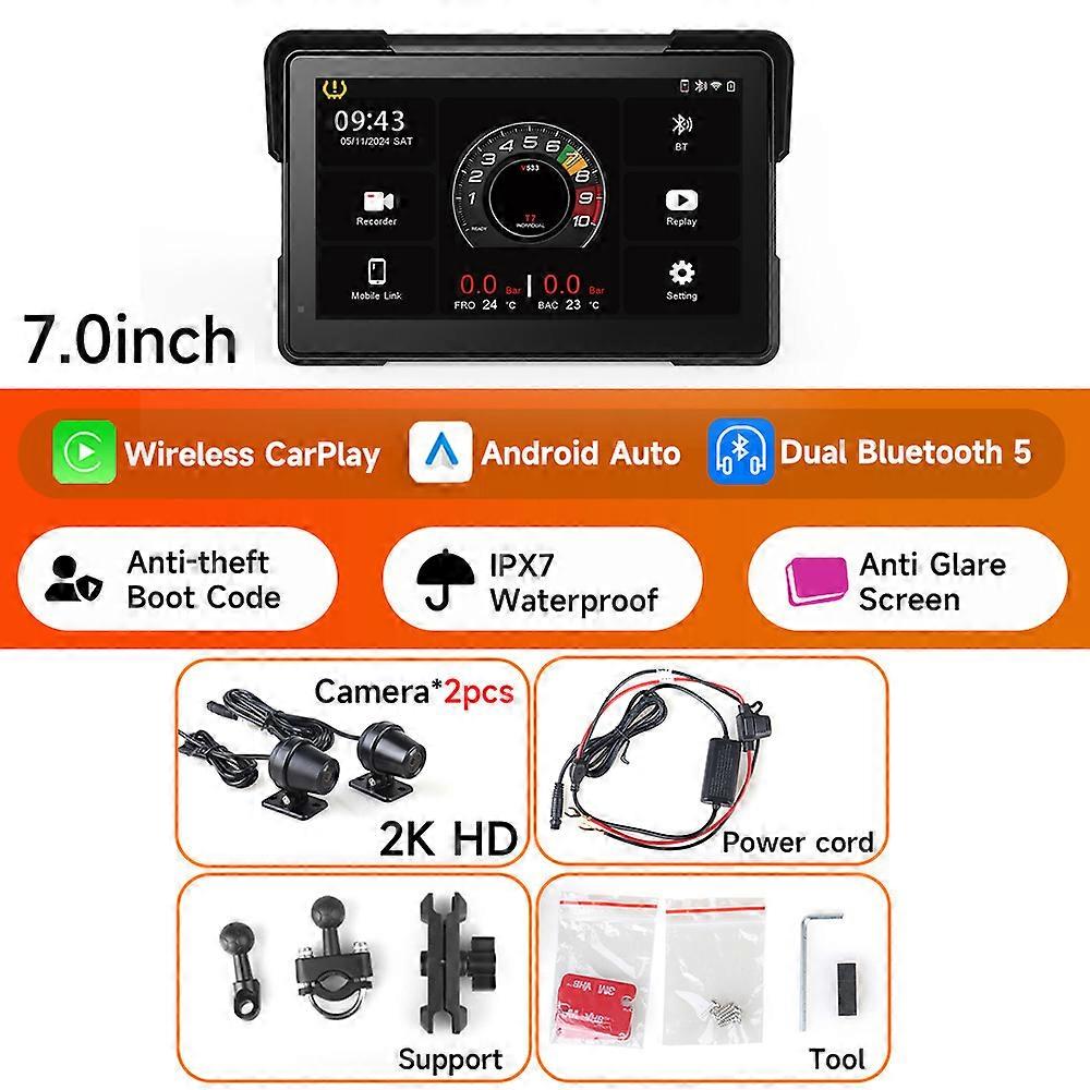 7'' Motorcycle GPS Navigation 2K HD Recorder Multimedia Player  Wireless CarPlay Android Auto IPX8 Waterproof Screen Bluetooth