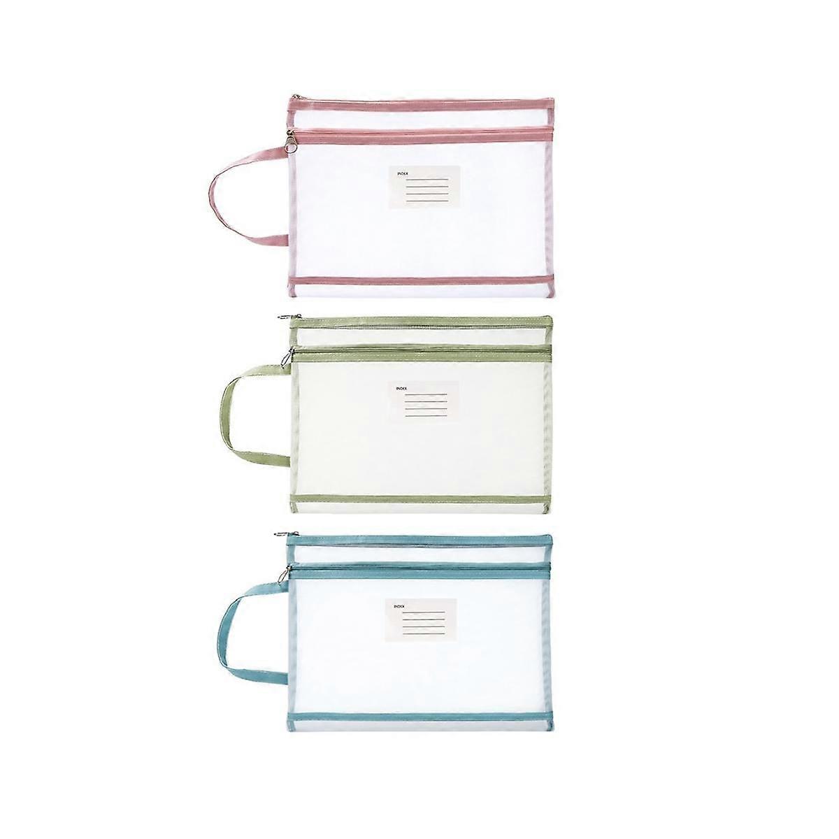 3Pcs A4 Translucent A4 Document Bag Mesh Zipper Pouch Mesh Zip Folder Mesh Zip File Folders Bag 3 C