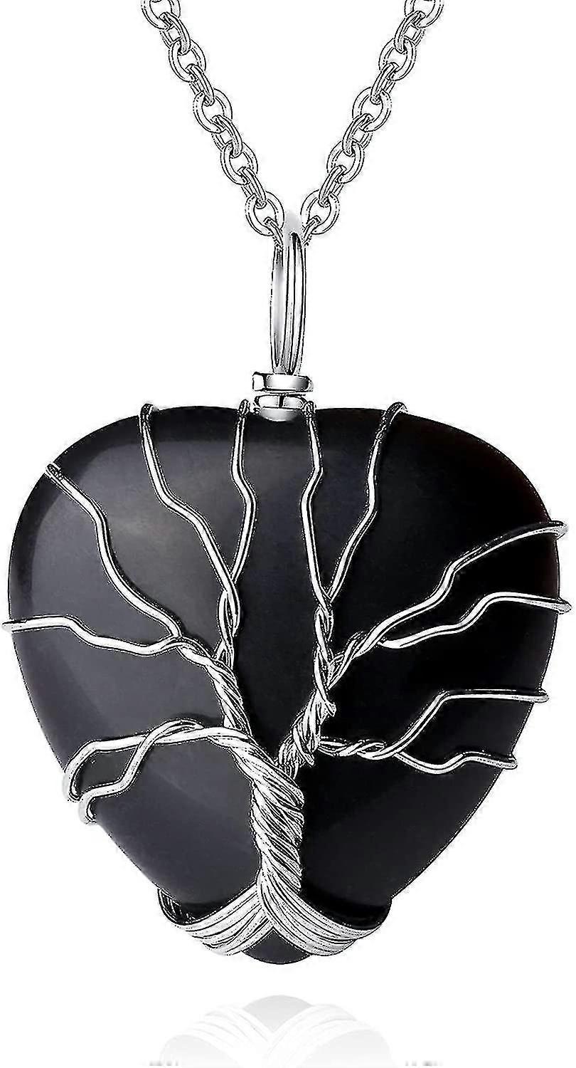 Collier en obsidienne avec pendentif en forme de cœur et arbre de vie