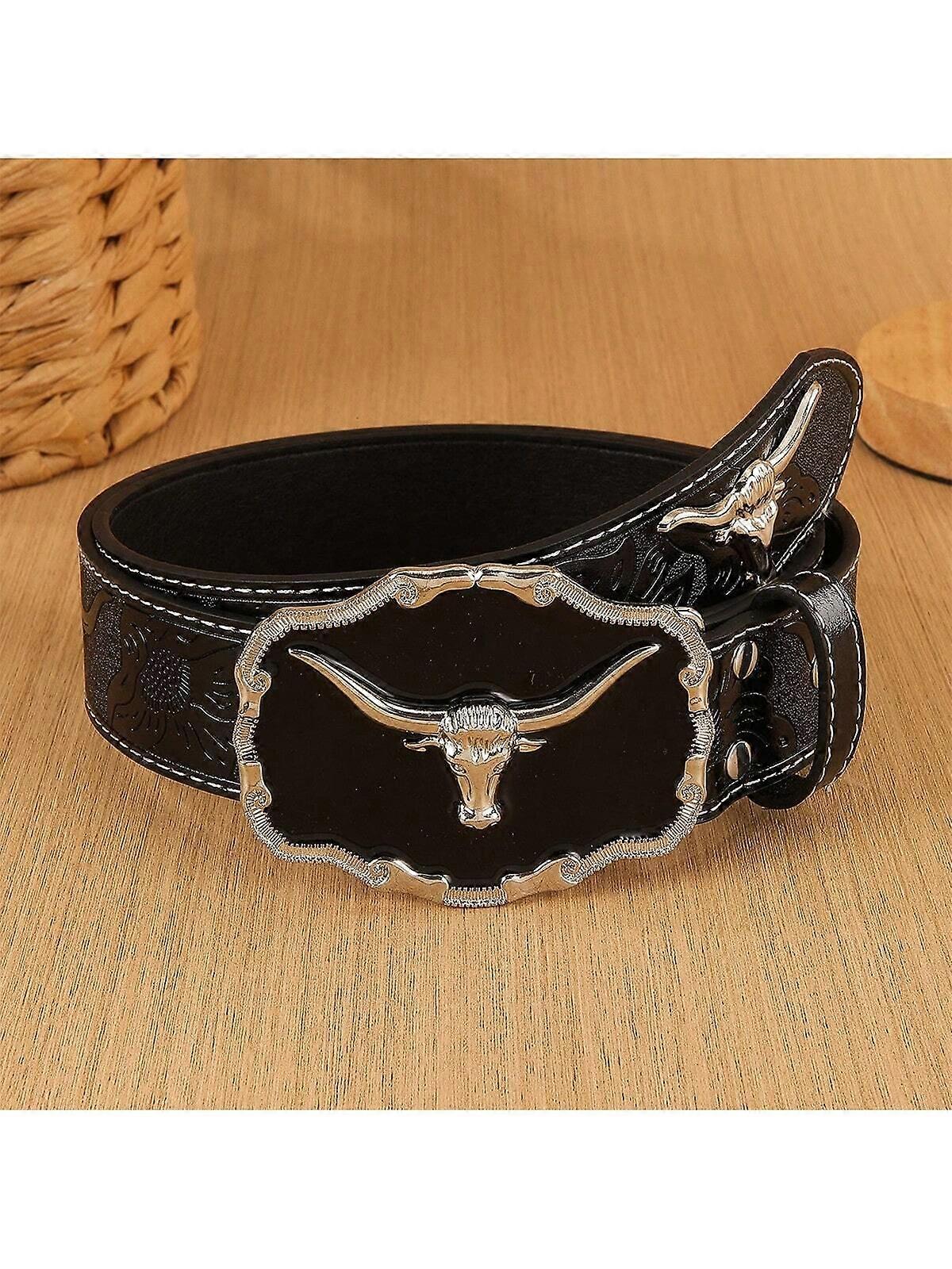 1pc Black Universal Casual Cowboy Buckle Animal PU Leather Belt, Bohemian Style, Rivet Decor Durable For Jeans, Daily Use