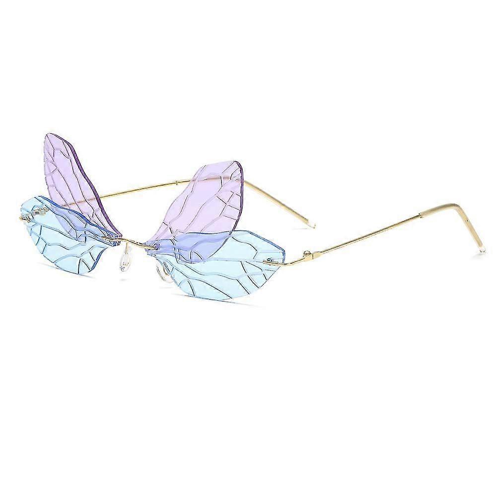 Butterfly Pattern Rimless Metal Frame Sunglasses