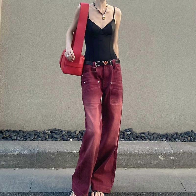 MINGLIUSILI Red Jeans 2022 Fall New Vintage Red Wash Distressed Straight Leg Jeans Versatile Loose Trousers