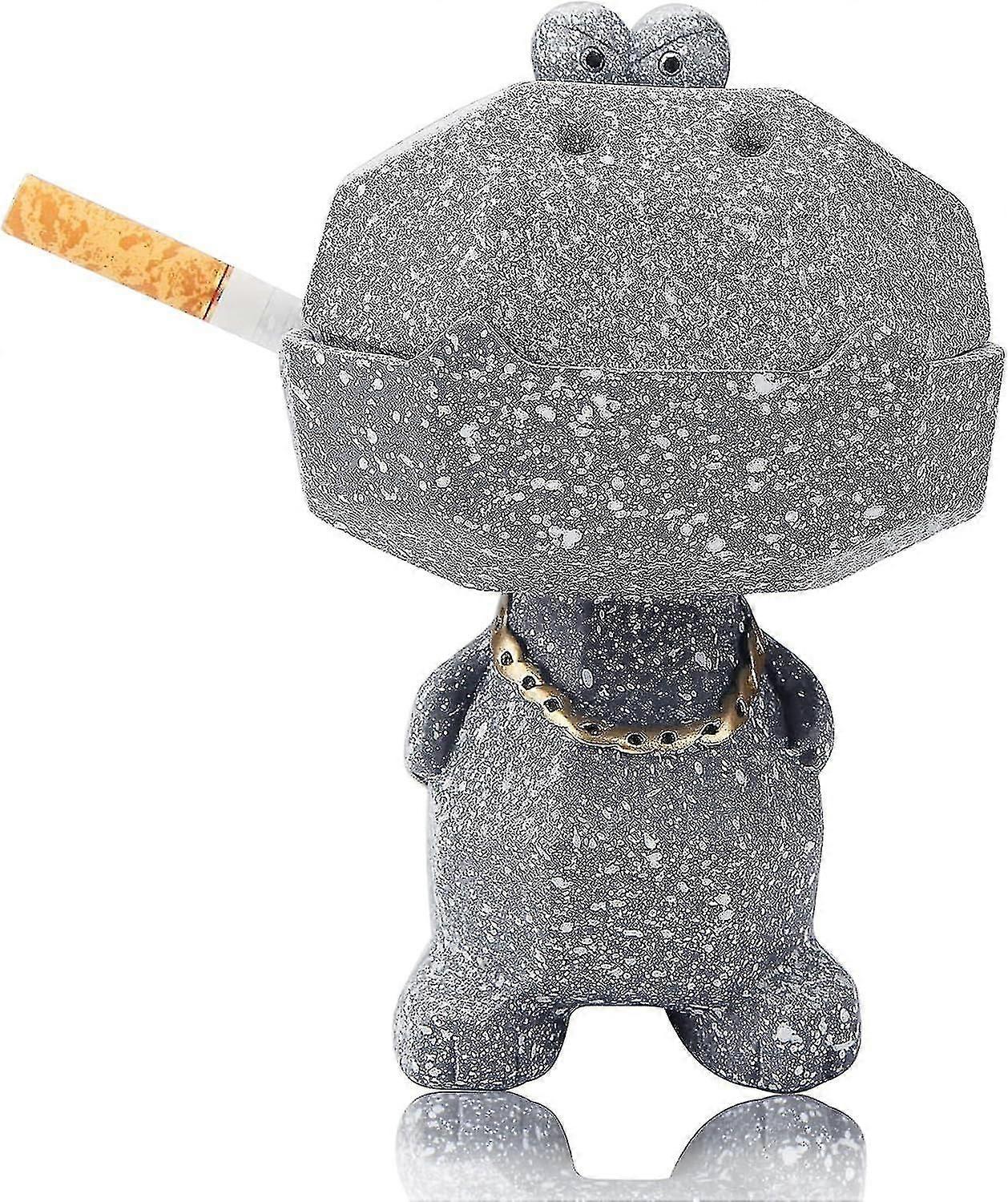 Utomhus askkopp grå askkopp med lock rolig askkopp stor vind askkopp snygg krokodil askkopp dekorationer för inomhus och utomhusbruk (1 st, 14cm, gr