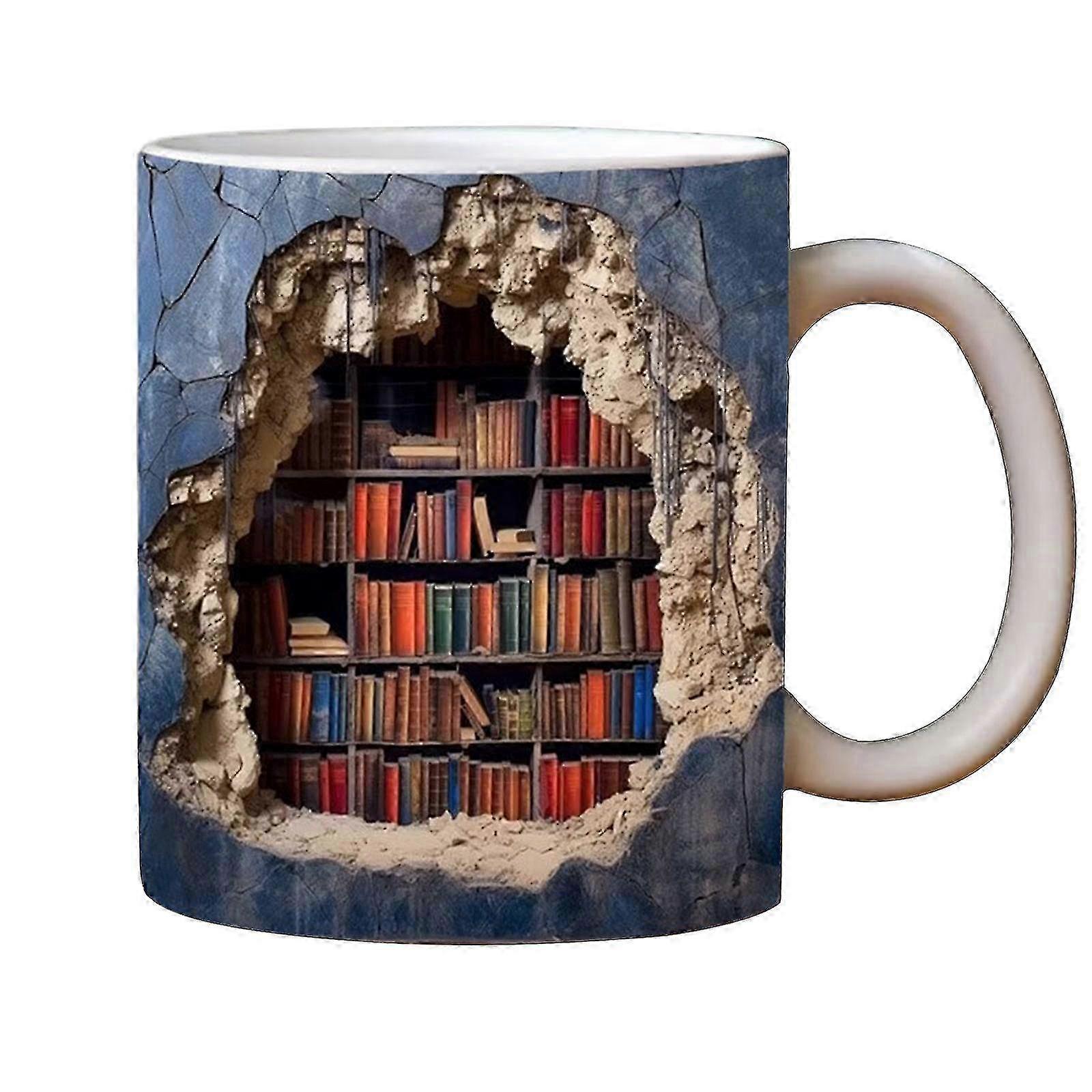 Coffee mug with 3D bookshelf print for holiday presents
