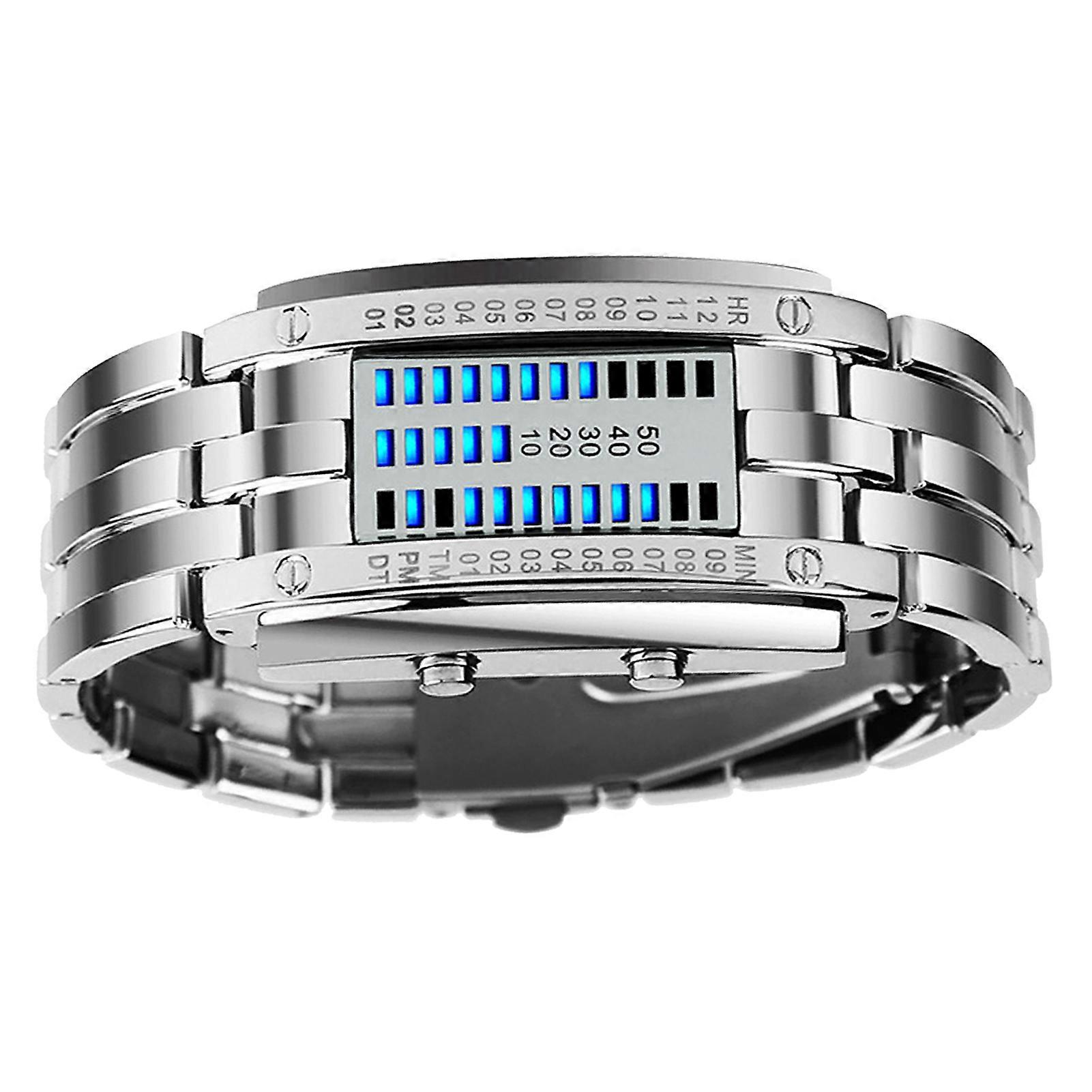 Mens Binary Watch Small Silver Blue Backlight 75mAh Quartz