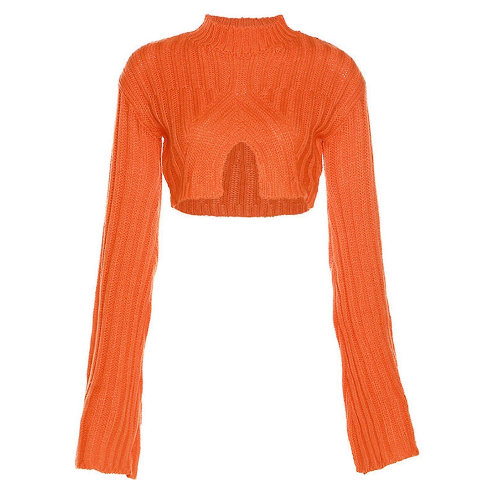 Women Flare Long Sleeve Rib Knit Sweater Mock Neck Split Front Solid Crop Top