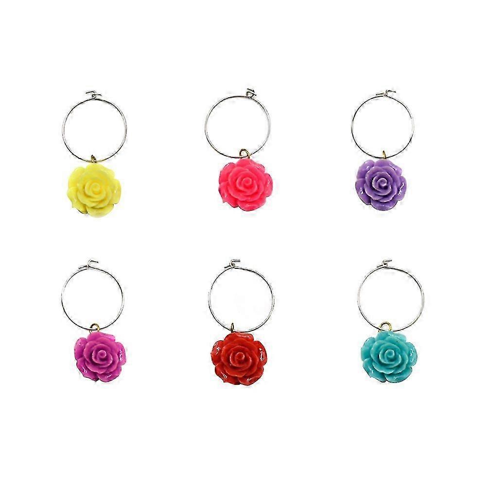 6pcs Rose Wine Glass Marker Flower Ring Drinking Cup Identifier Cup Sign Mixed Colors
