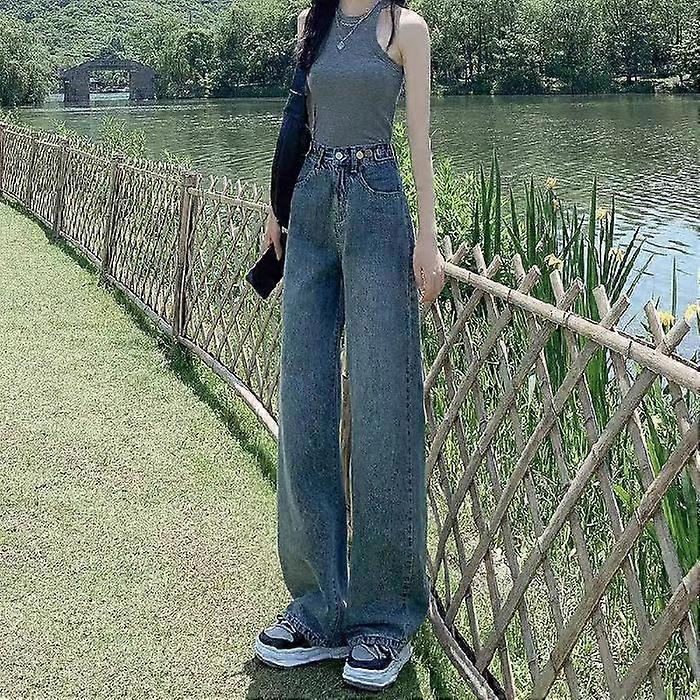 Spring and Autumn Women's Jeans Adjustable Waist High Waist Retro Straight Pants Wide Leg Mop Long Pants
