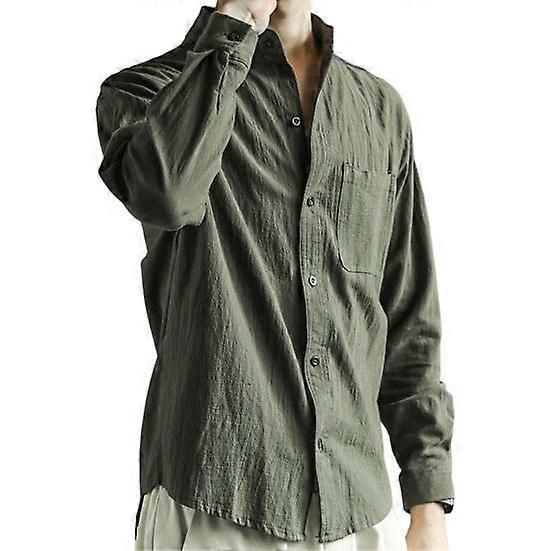 Spring Fall Men Shirt Stand Collar Sleeves Single-breasted Color Thin Solid Long Cardigan Button-up Business Office Wear Daily Casual