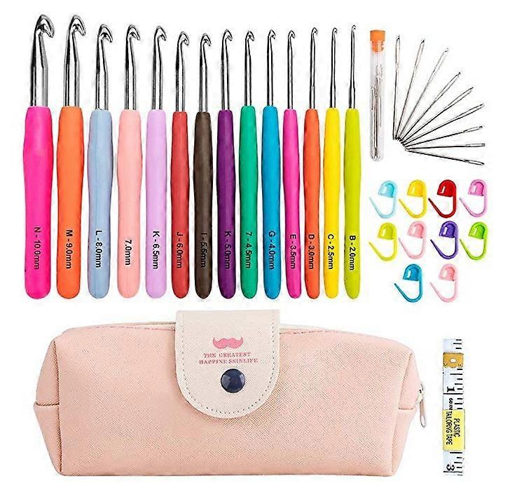 36-piece knitting kit with crochet hooks, markers, measuring tape, available in multiple colors