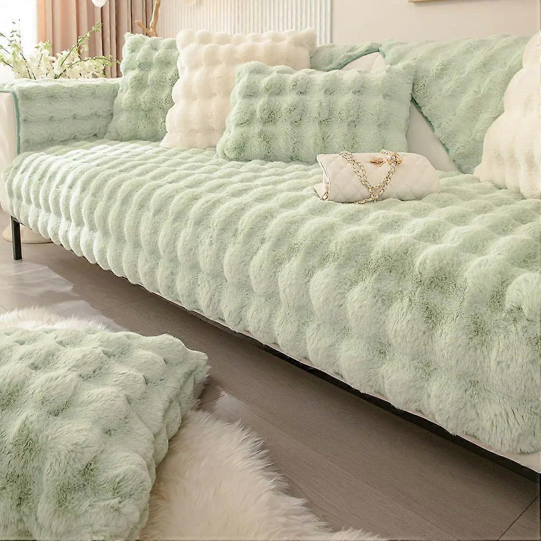 Artificial Rabbit Fur Sofa Cover, Non-Slip Dustproof, Thick Soft Couch Protector, Green 70x120cm