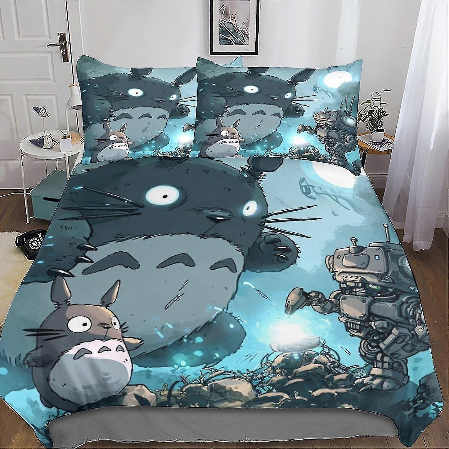 Cute Totoro Modern Quilt Cover Set with Hidden Zipper Closure - 3 Pieces Cartoon Bedding Set in Microfiber with 3D Print and Pillowcases